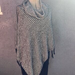 Gray Sweater Poncho With Cowl Neck & Fringe one size